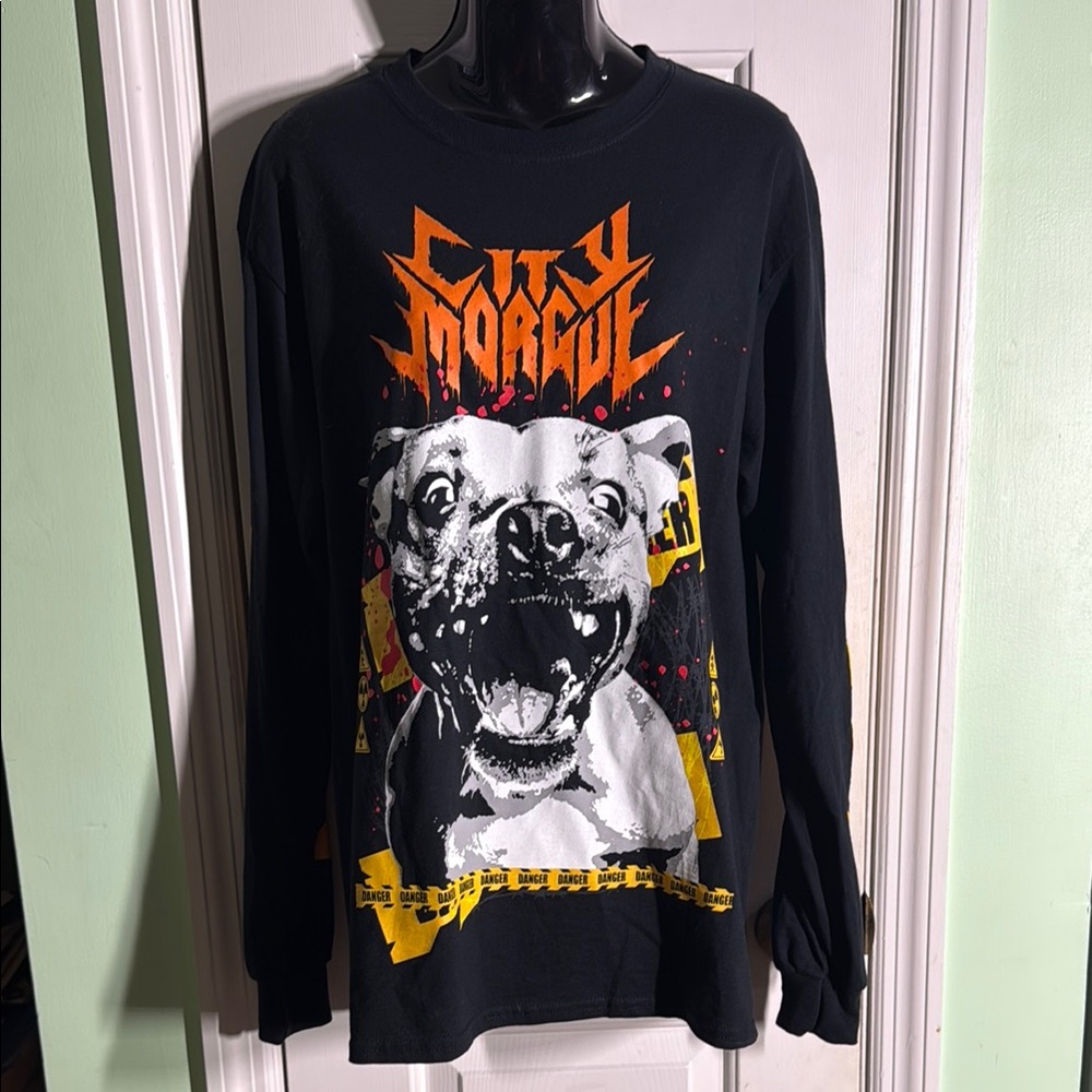 City Morgue Black Pit-bull Graphic Long Sleeve Danger Caution Tape Shirt Size M
